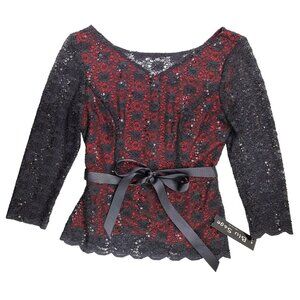 Blu Sage Black Red Lace Sparkle Top Women Small Holiday Party New Year Fancy